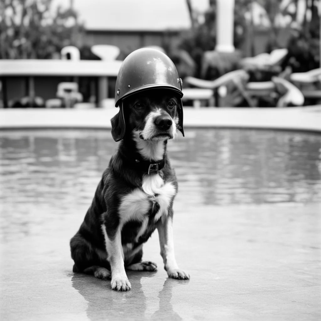 a dog with a WW2 helmet on standing by the pool old grainy photograph black and white