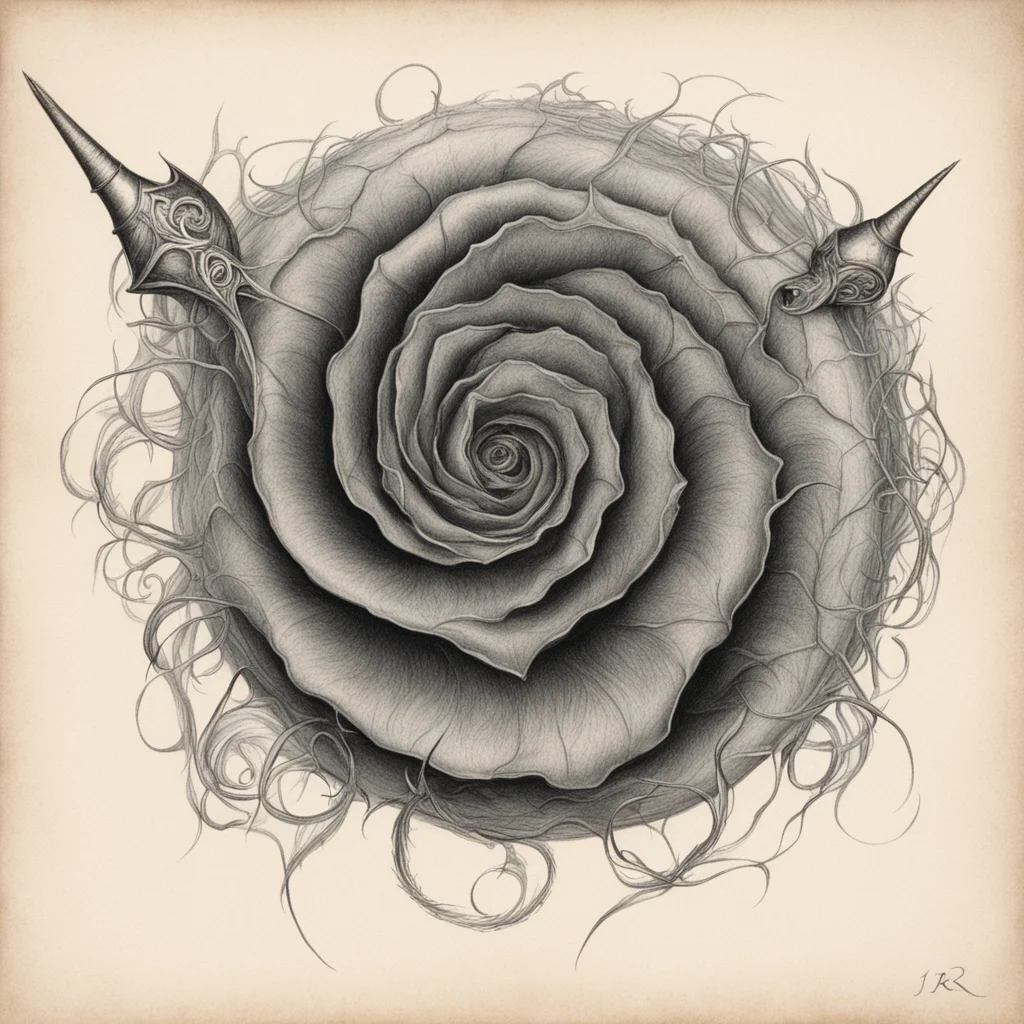 a drawing of a cochlea with swords and silver rose thorns by jrr Tolkien