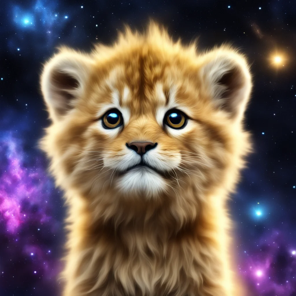 a dream like image of a nebula in outerspace that looks like an adorable super furry golden lion cub with big reflective