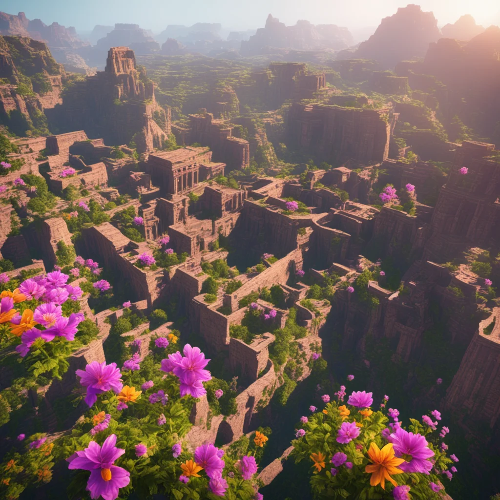 a drone shot of ancient city abandoned flowers epic vast canyons 8k realistic vibrant sunrise octane unreal engine rende