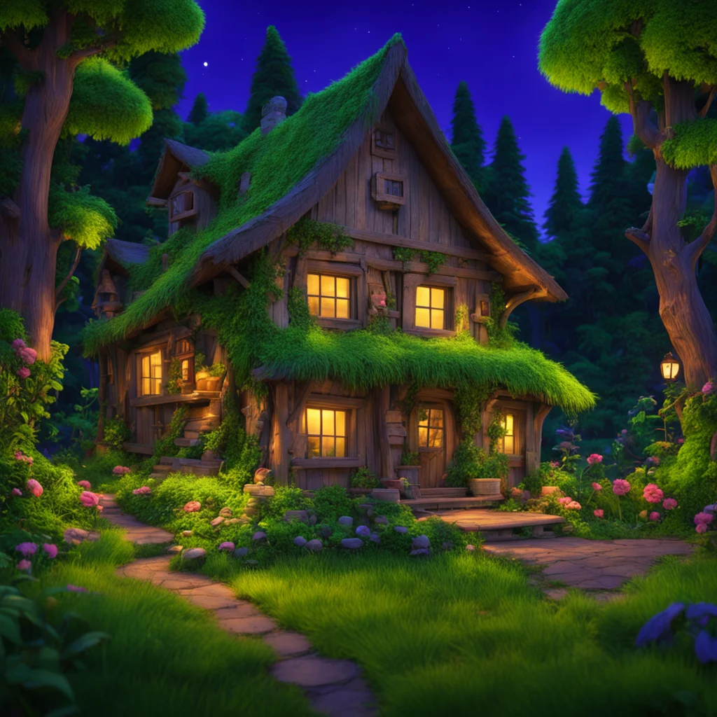 a dwarf house in the lush woods by night Pixar 3d Disney photo realistic 4k highly detailed