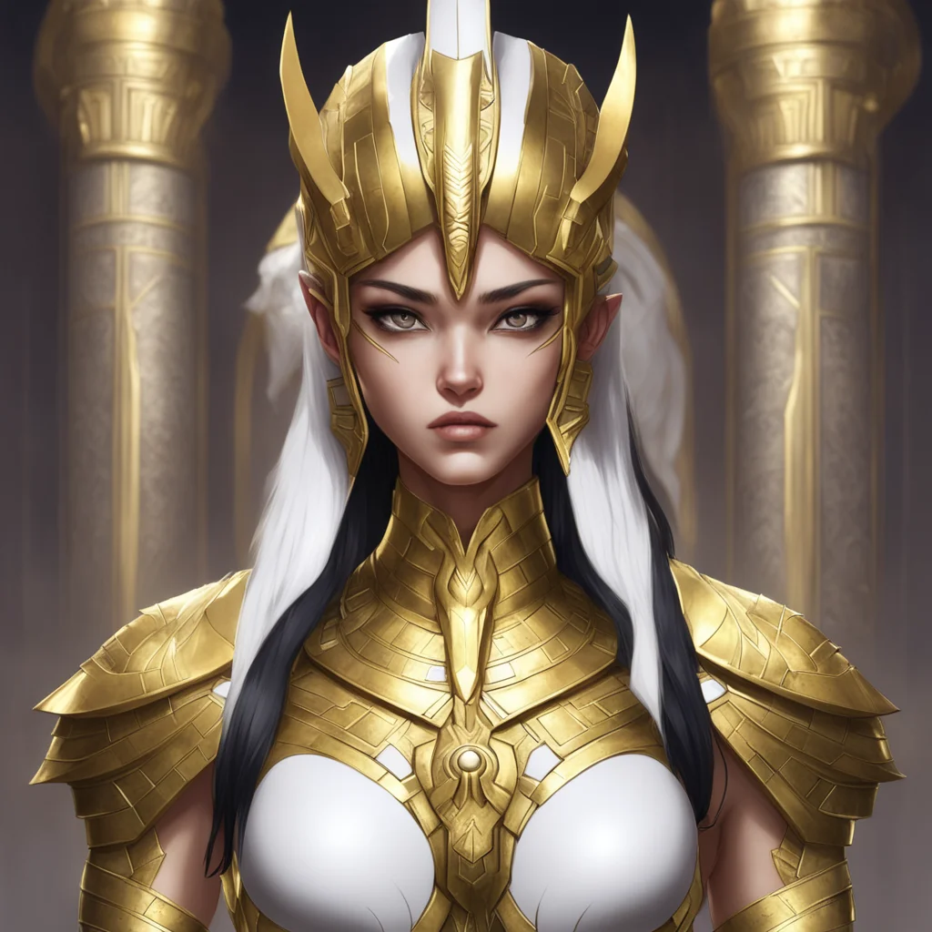 a egyptian temple guardian character concept art powerful details runes beautiful portraite of a anime girl armored gold