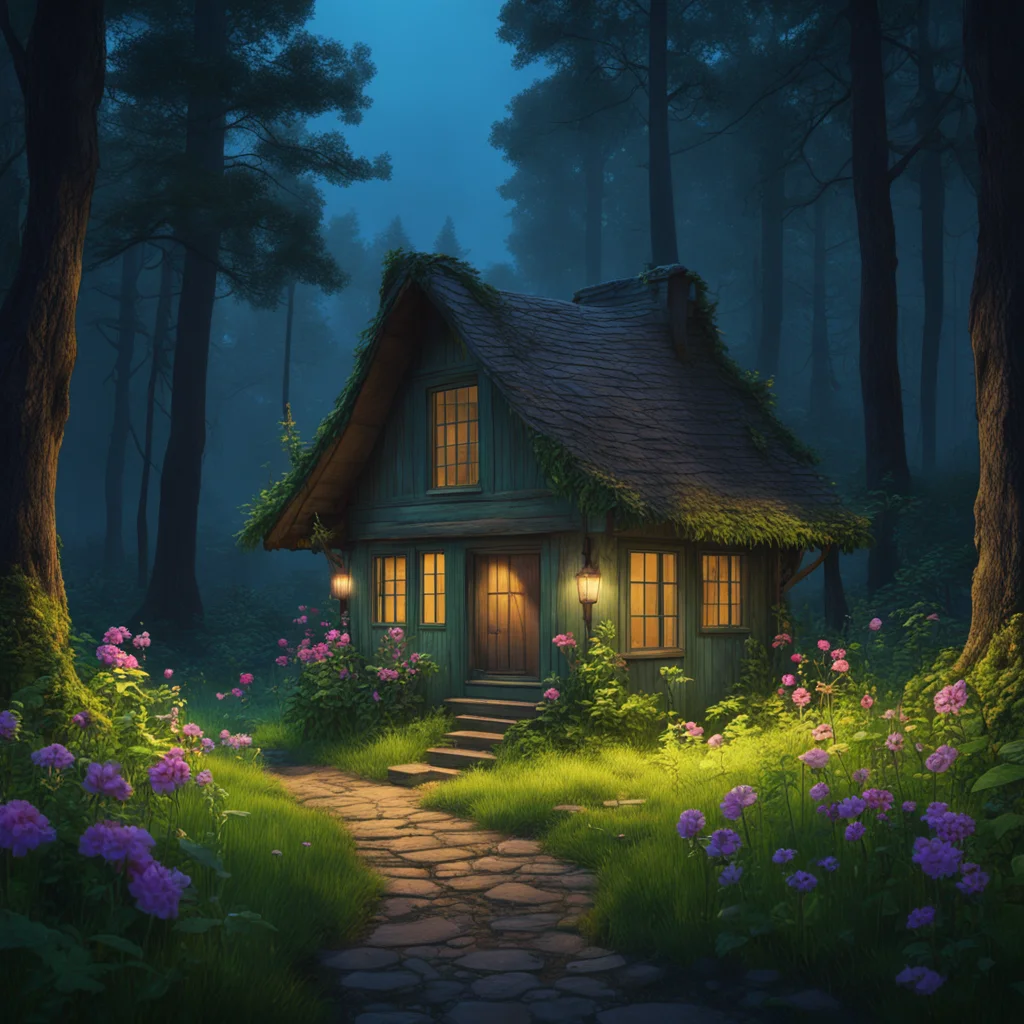 a fairy cottage in a dense dark forest clearing at night stepping stone path flower garden dark window light James Gurne