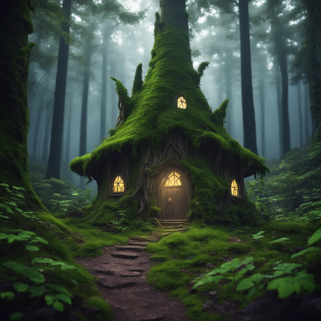 a fairy home in a dense dark forest clearing dramatic lighting 8k resolution matte painting ominous aspect 813 uplight