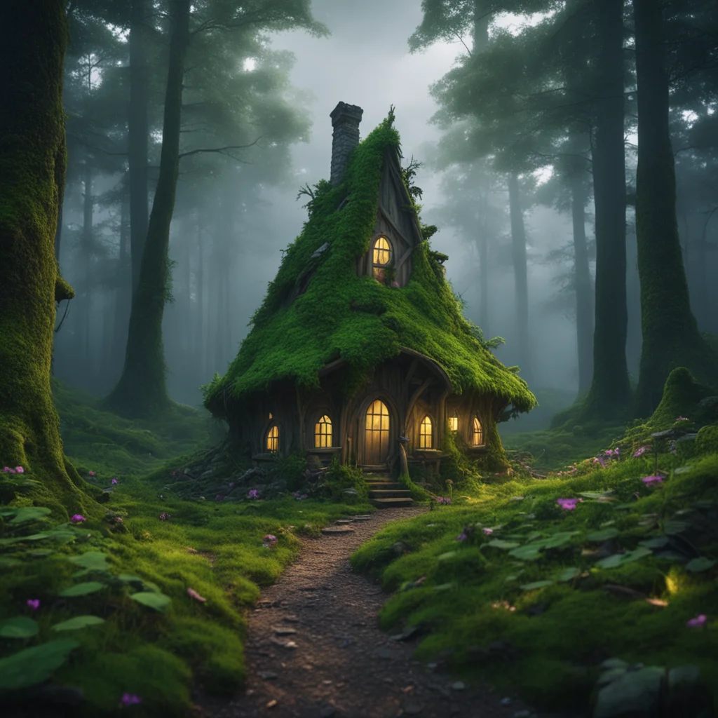 a fairy village home in a dense dark forest clearing dramatic lighting 8k resolution matte painting ominous aspect 813