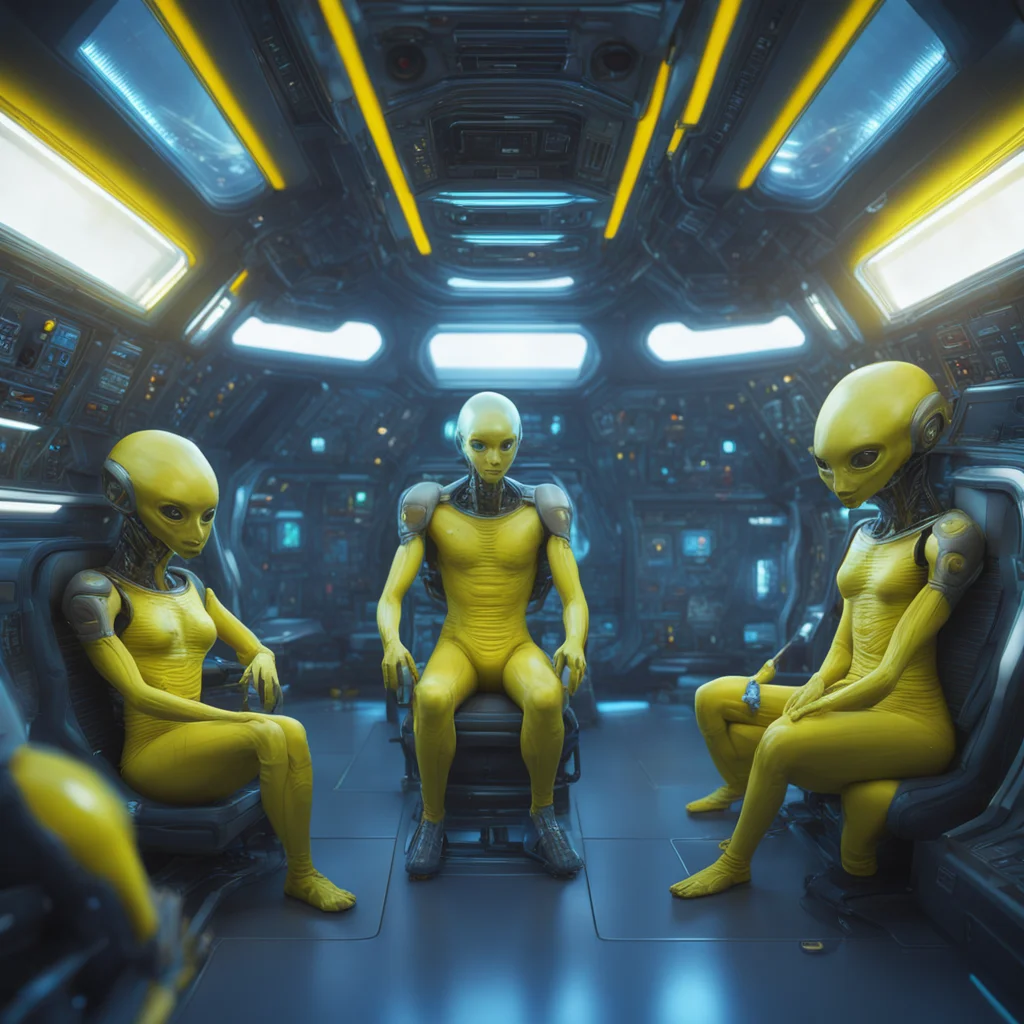 a family of aliens inside the spaceship yellow and blue color 8k octane render photorealistic ar 75
