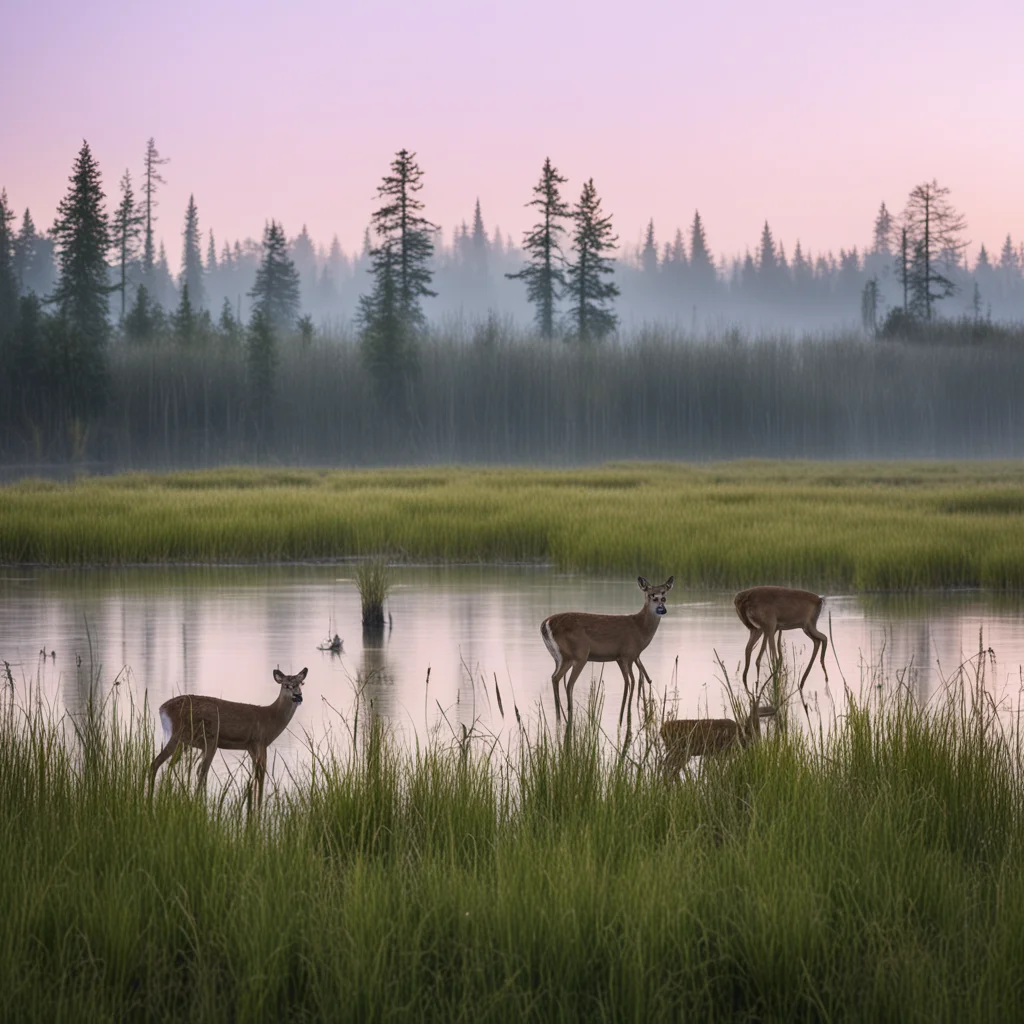 a family of deer slowly move through a marsh north western British Columbiaearly morning
