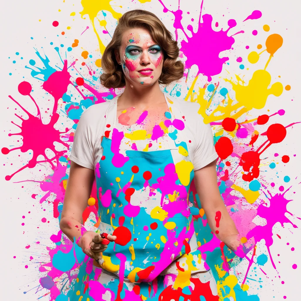 a female pro wrestler artist in a paint splattered apron painting a masterpiece in the style of a 1970s illustration