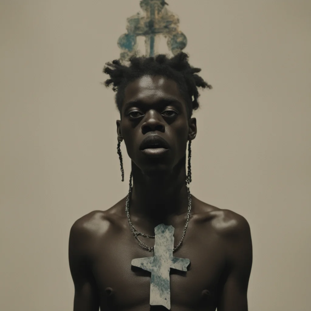 a film still of a painting of yves tumor with Christian cross and church