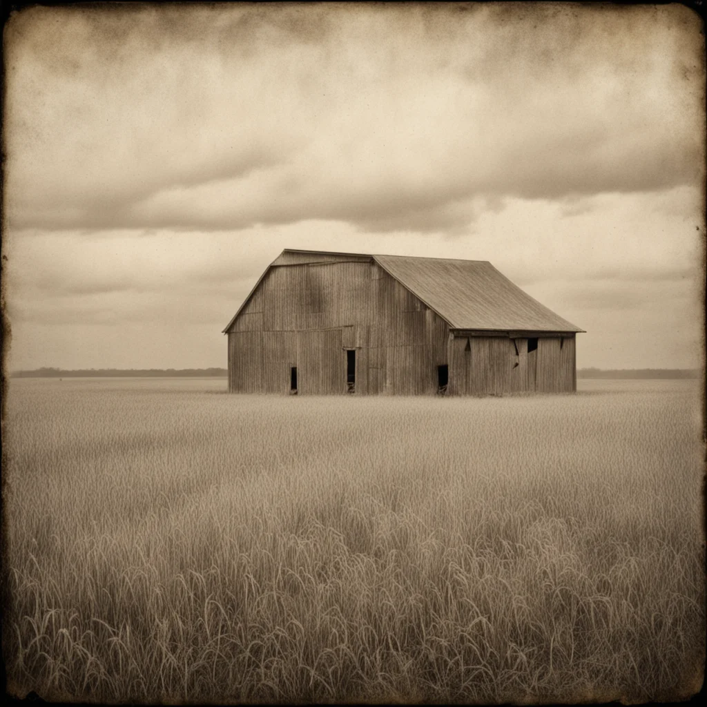 a fine art pictorialism photo of an old barn in the field wide angle