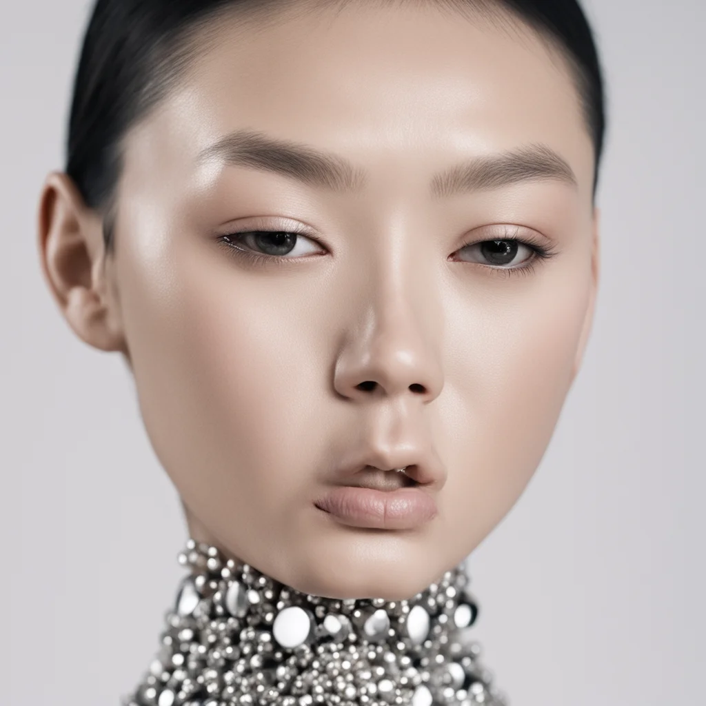 a flash closeup photo of a pale asian fashion model wearing silver balenciaga jewelry on their face —ar 916