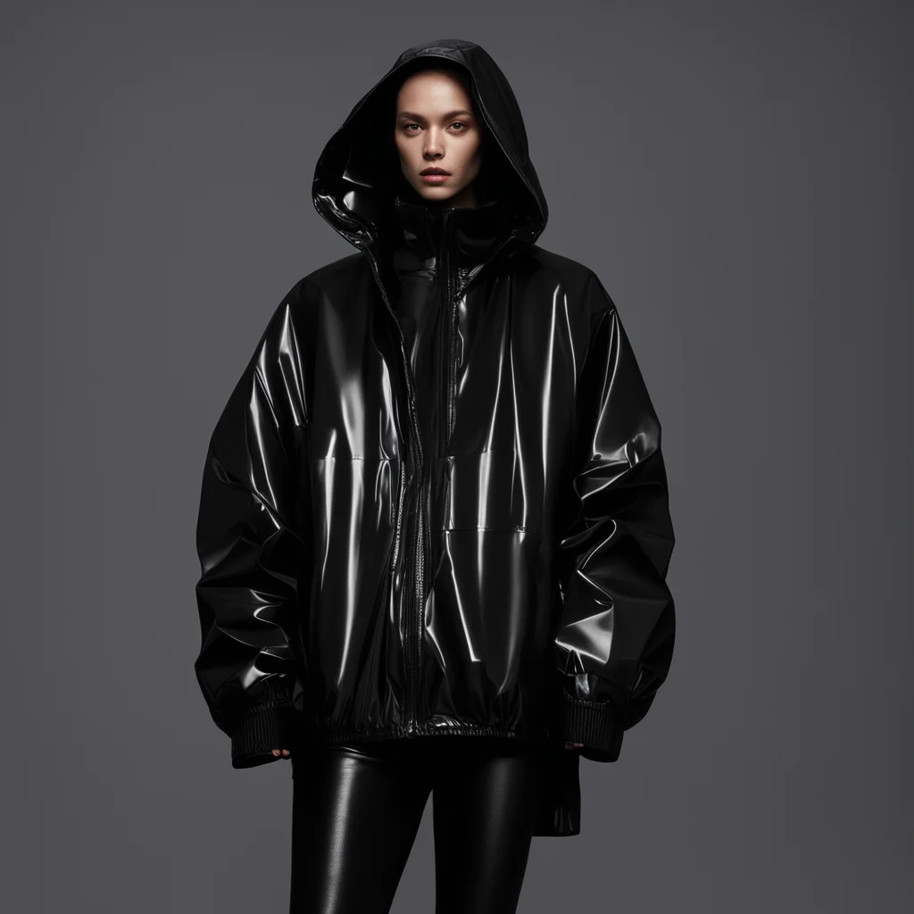 a flash phot of a fahsion model wearing black oversized plastic bag jacket designed by Demna Gvasalia dark concrete back