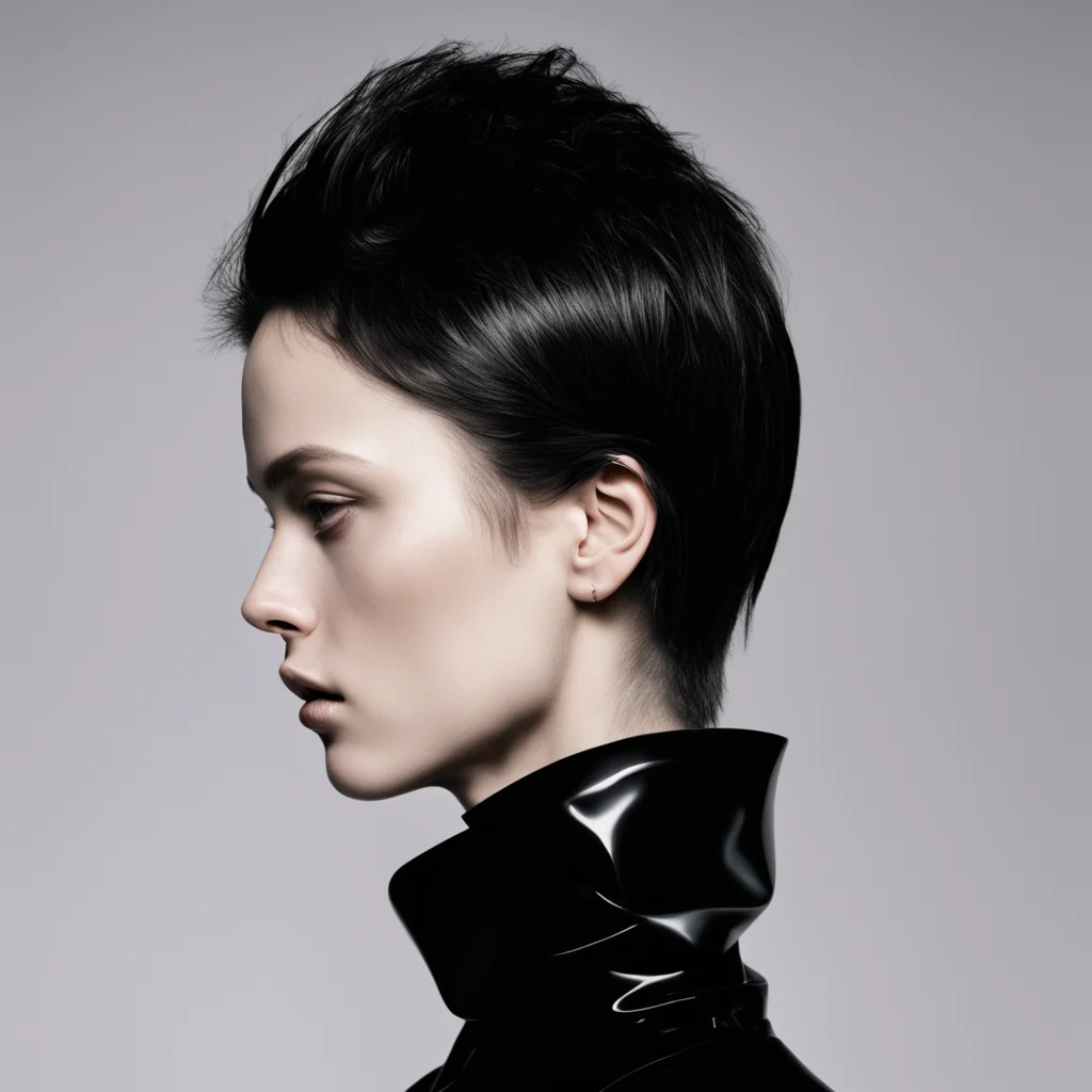 a flash photo of a fashion model’s profile wearing black balenciaga plastic oversized runway fashion —ar 916