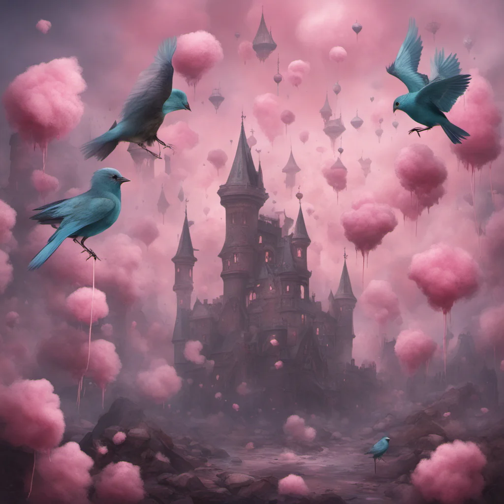 a flock of gemstone birds dissolving into cotton candy creepy setting castle dim lighting w 386