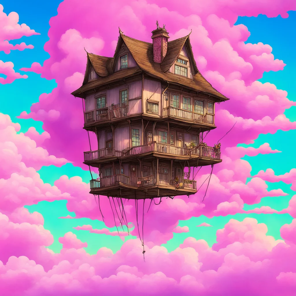 a flying house with long legs in a beautiful pink cloud sky detailed in the style of studio ghibli and anime