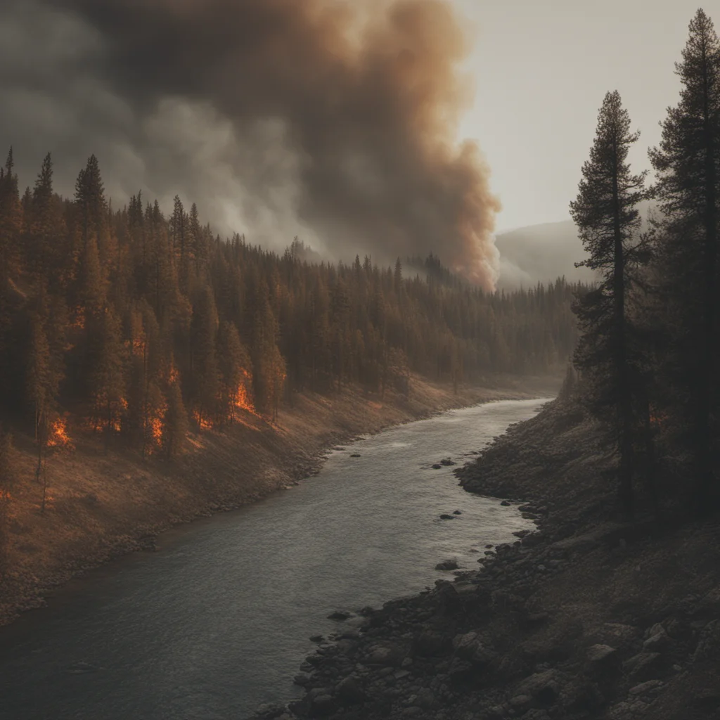 a forest fire in northern Montana next to a river cinematic smoky ultra realism grainy beautiful —ar 916