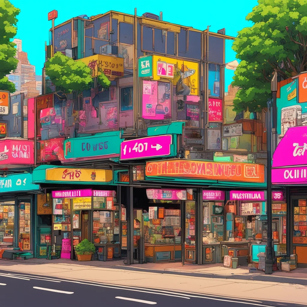 a fun colourful 70s Australian city scape with detailed shops signs trees cats windows by Katsuhiro Otomo ghibli trendin