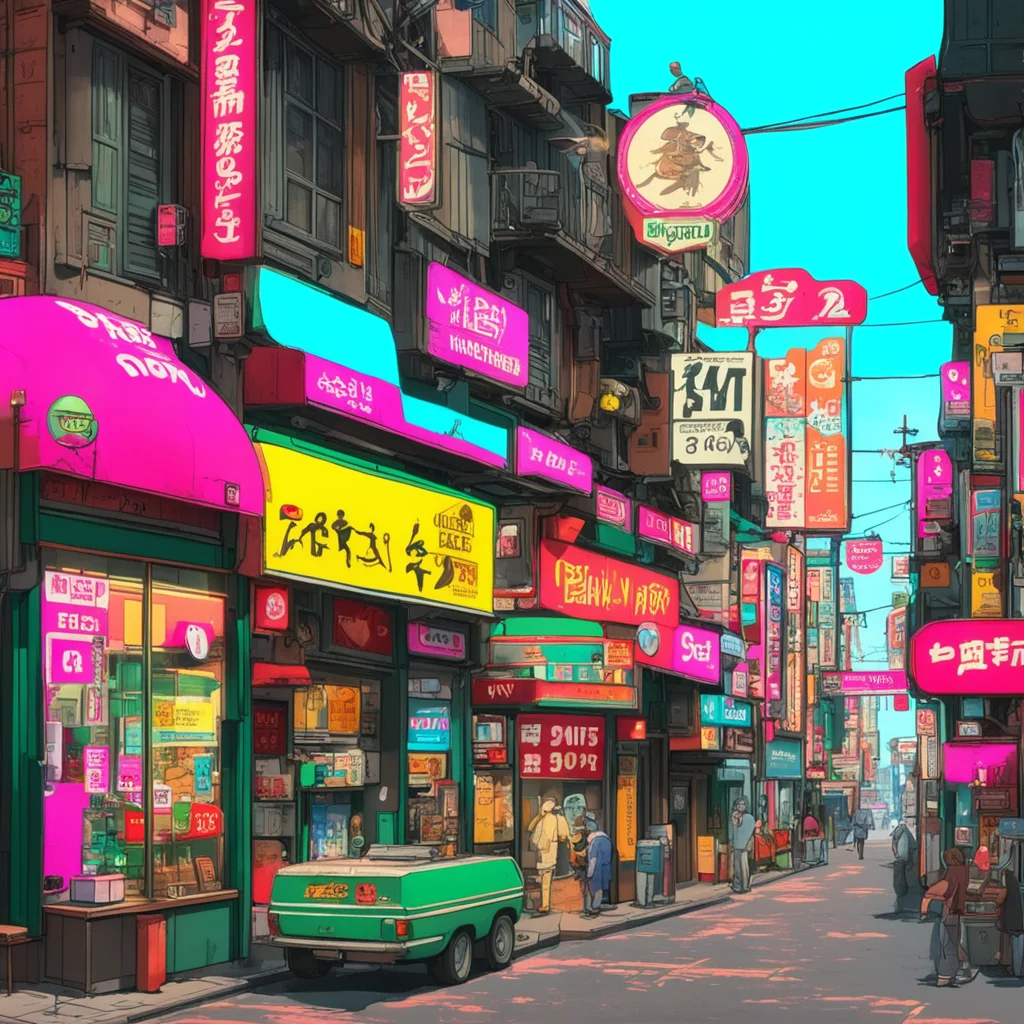a fun colourful 70s city scape with detailed shops signs by Katsuhiro Otomo ghibli trending on art station unreal engine