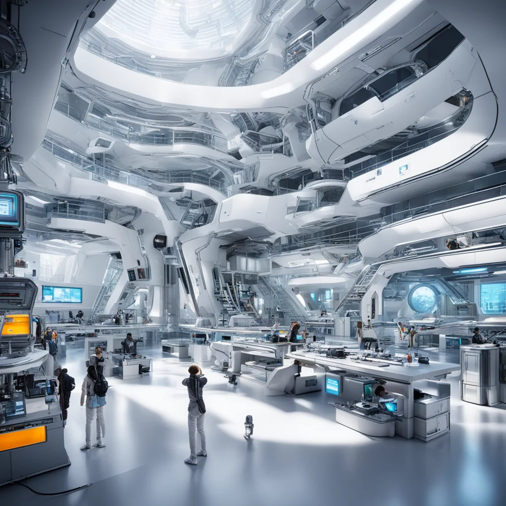 a futuristic science center full of technical equipment robots and students working on experiments