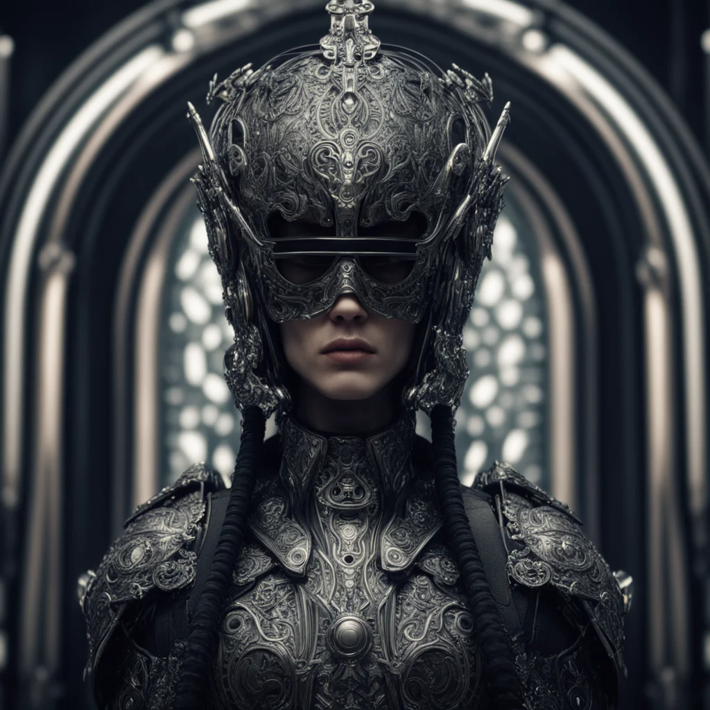 a futuristic soldier priest with a helmet with visor fashion style of Alexander McQueen highly detailed intricate covere