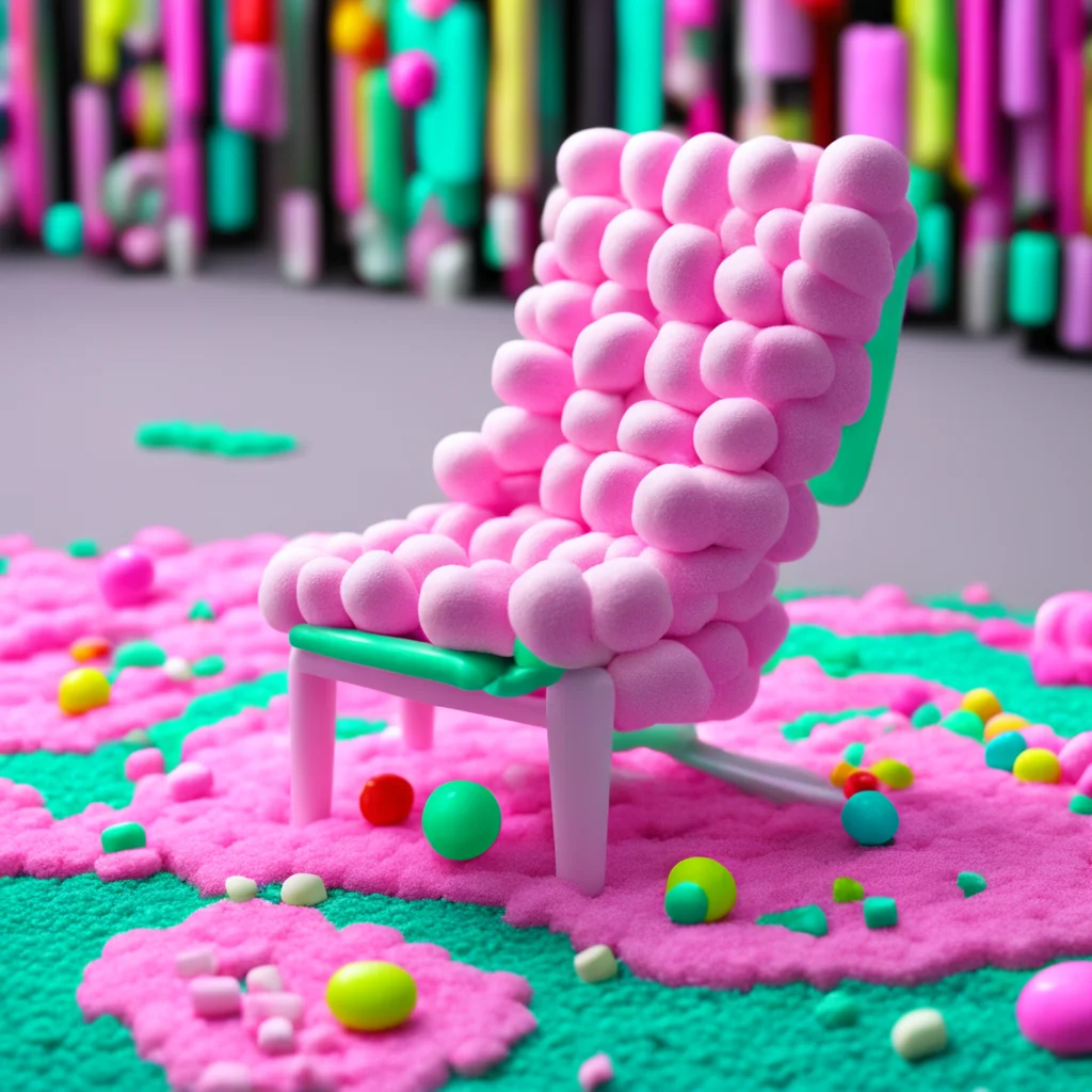a gaming chair made from marshmallows candies and gummies cotton candy carpet photorealistic high details quarter view s