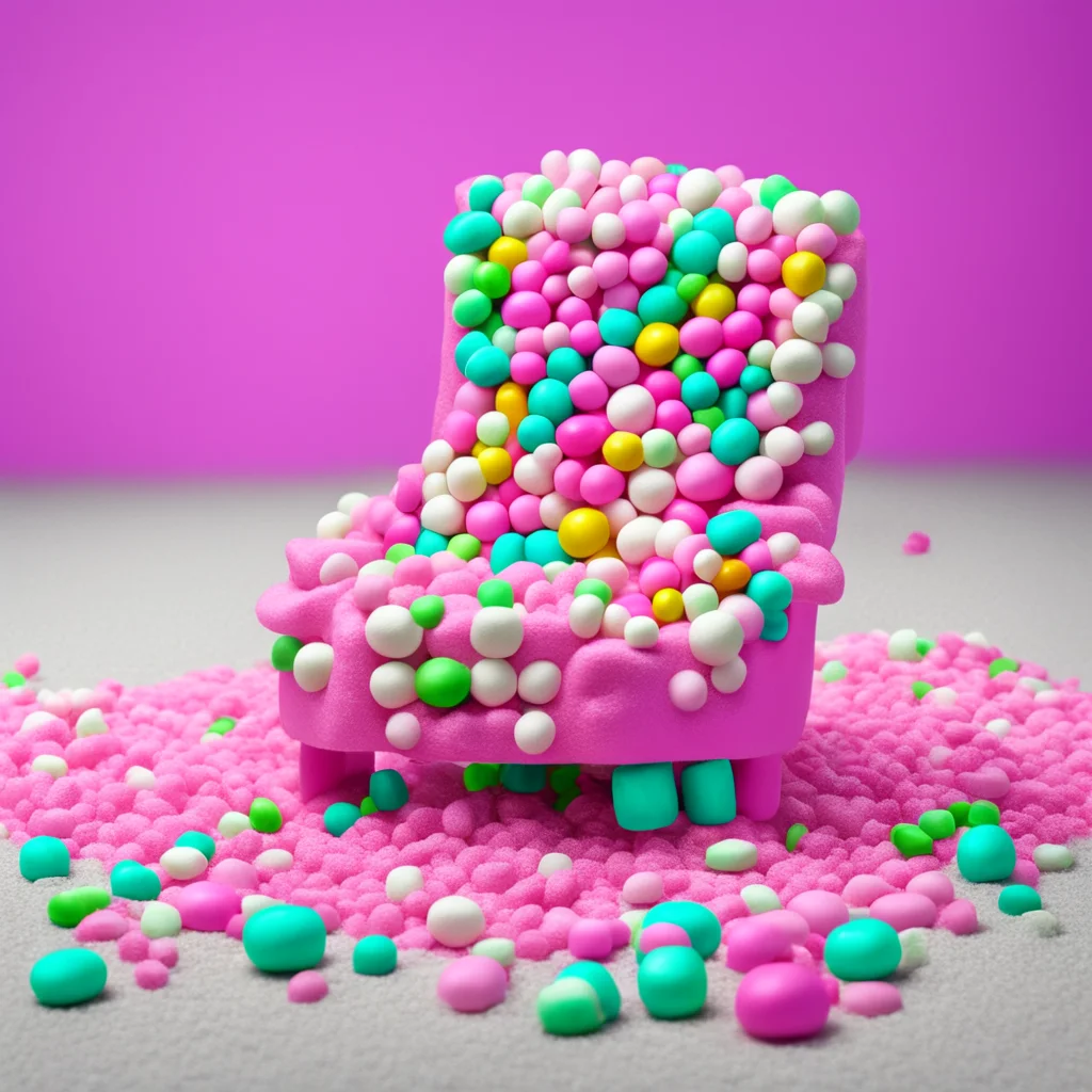 a gaming chair made from marshmallows candies and gummies cotton candy carpet photorealistic high details sparkles sugar