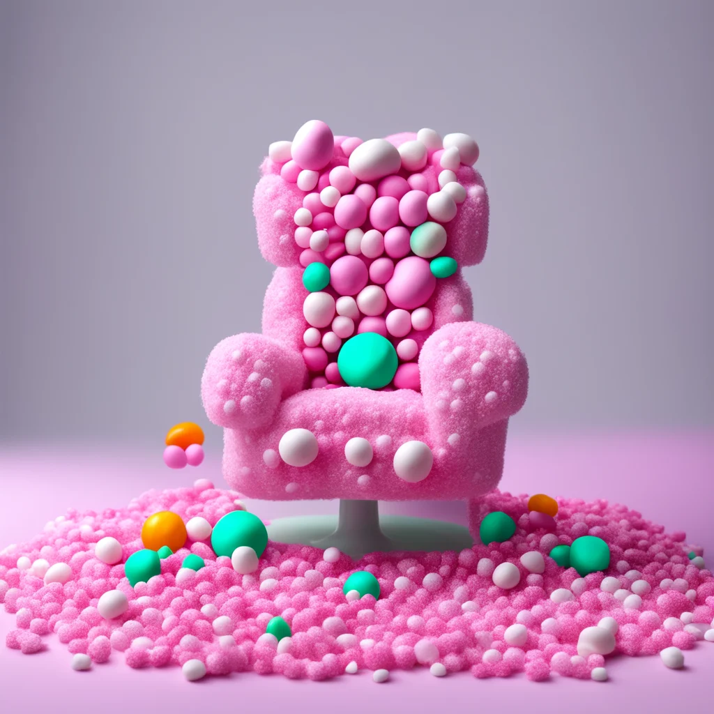 a gaming chair made from marshmallows jellies candies and gummies cotton candy carpet photorealistic high details sparkl