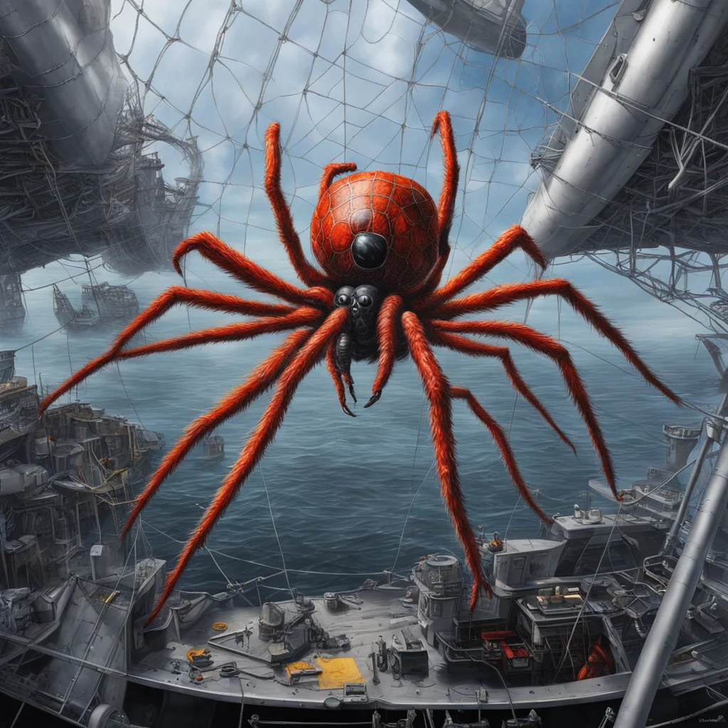 a giant bio mechanic spider weave his web on a battleship high detail greg rutkowski Hyper Realistic Acrylic Painting wi