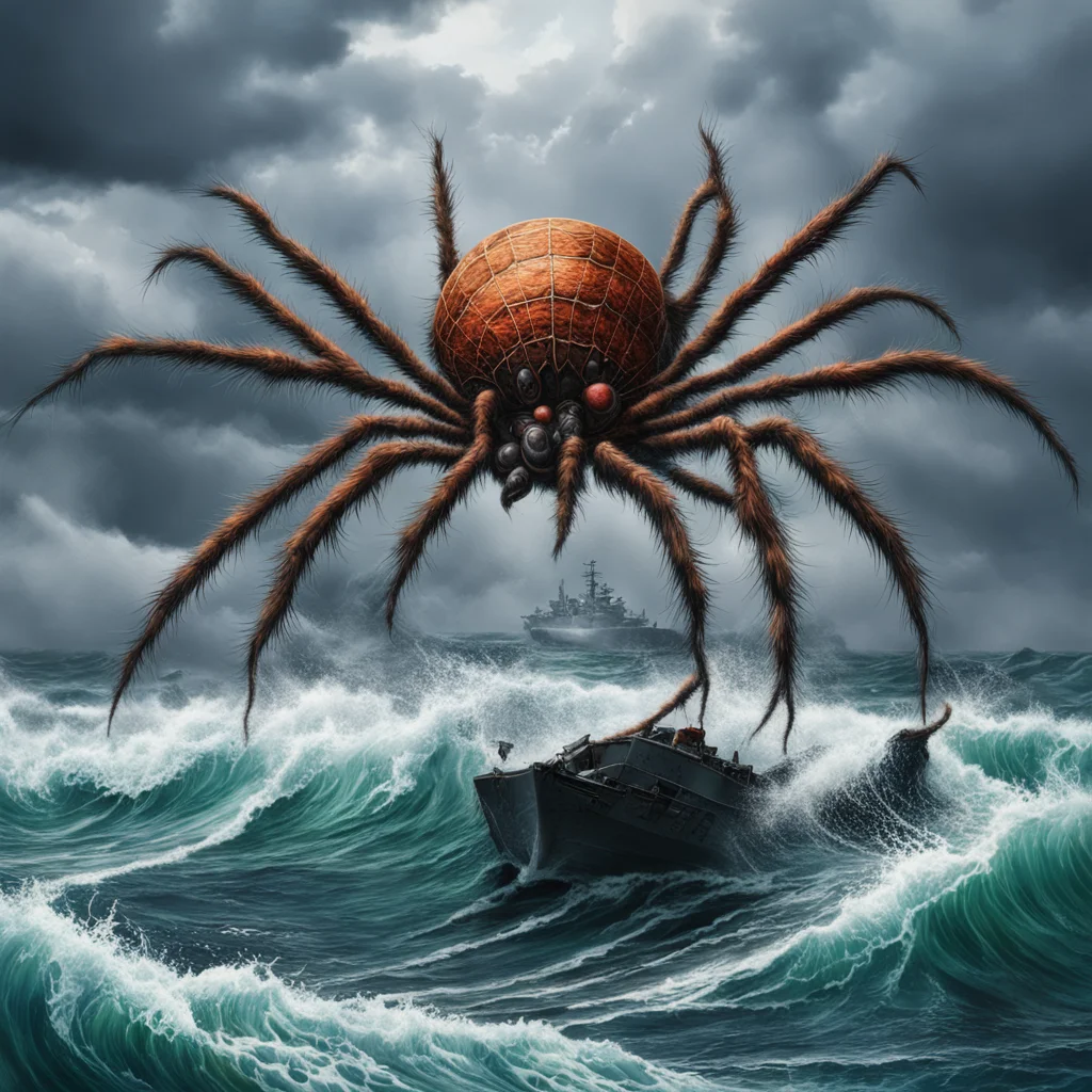 a giant bio mechanic spider weave his web on a battleship in a stormy ocean high detail greg rutkowski art print ar 31