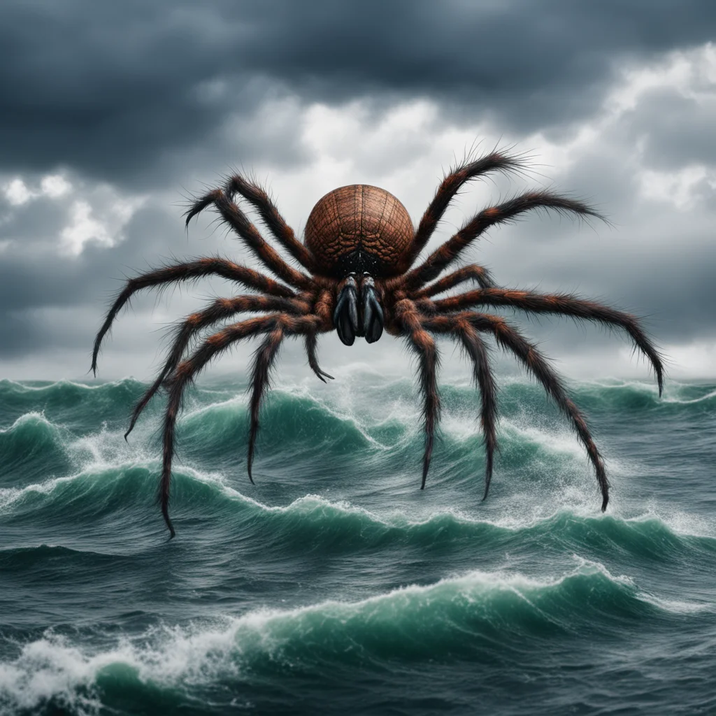 a giant bio mechanic spider weave his web on a battleship in a stormy ocean high detail photoreal wide angle establishin