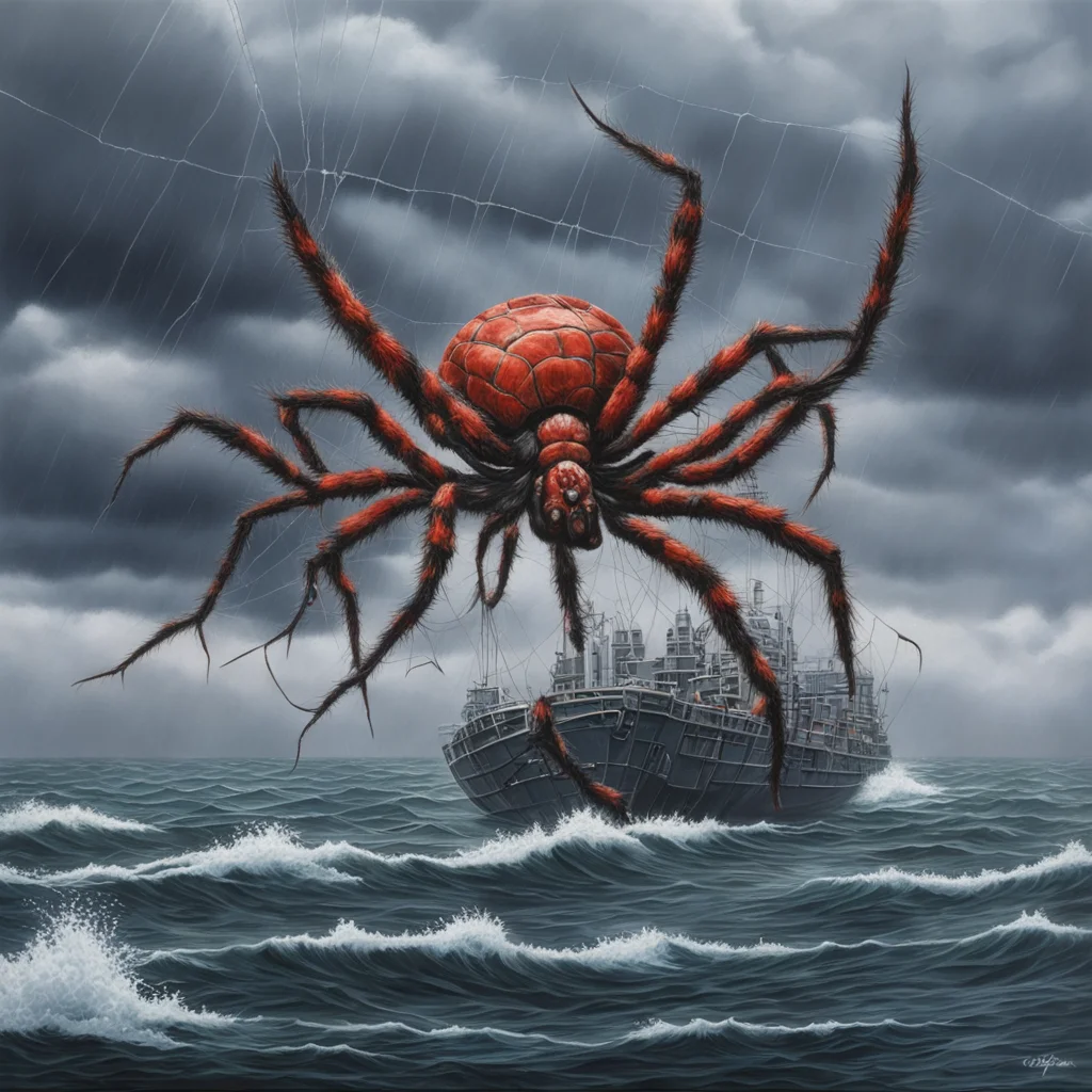 a giant bio mechanic spider weave his web on a battleship stormy weather high detail greg rutkowski Hyper Realistic Acry