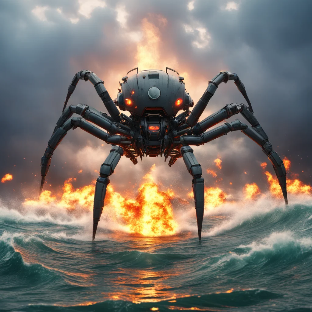 a giant spider robot shoots fire rays at a battleship in a stormy ocean cinematic lighting hyper realistic wide angle es