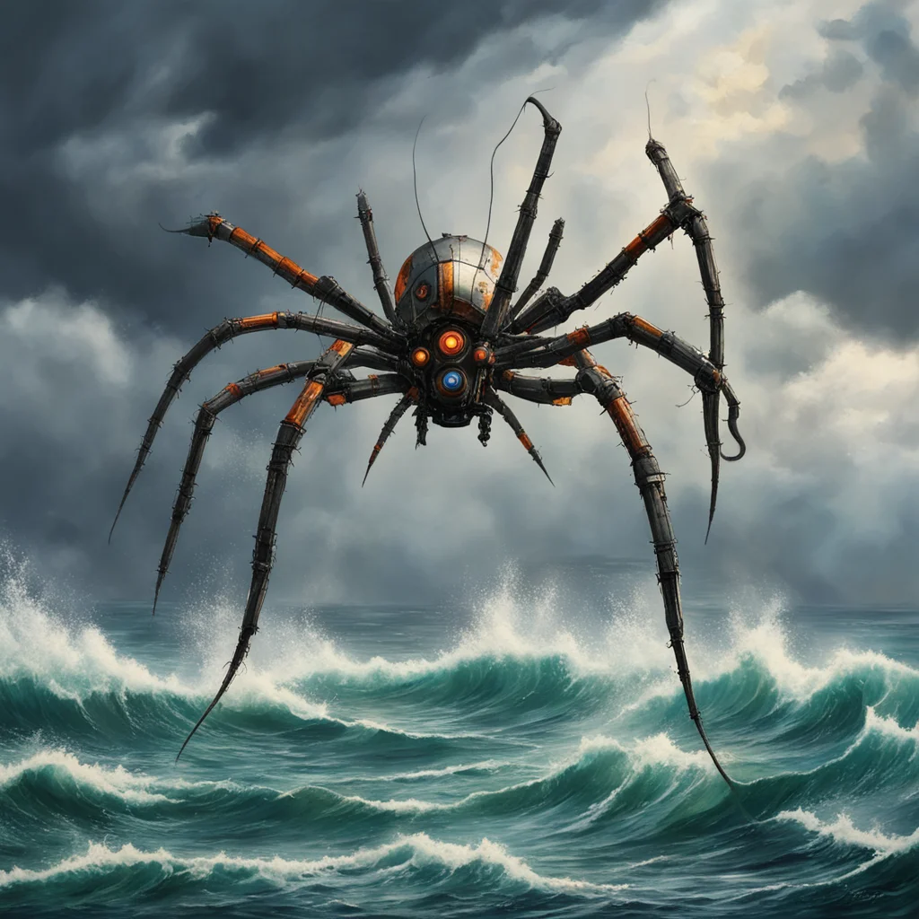 a giant spider robot weave his web on a battleship in a stormy ocean JMW Turner painting ar 169