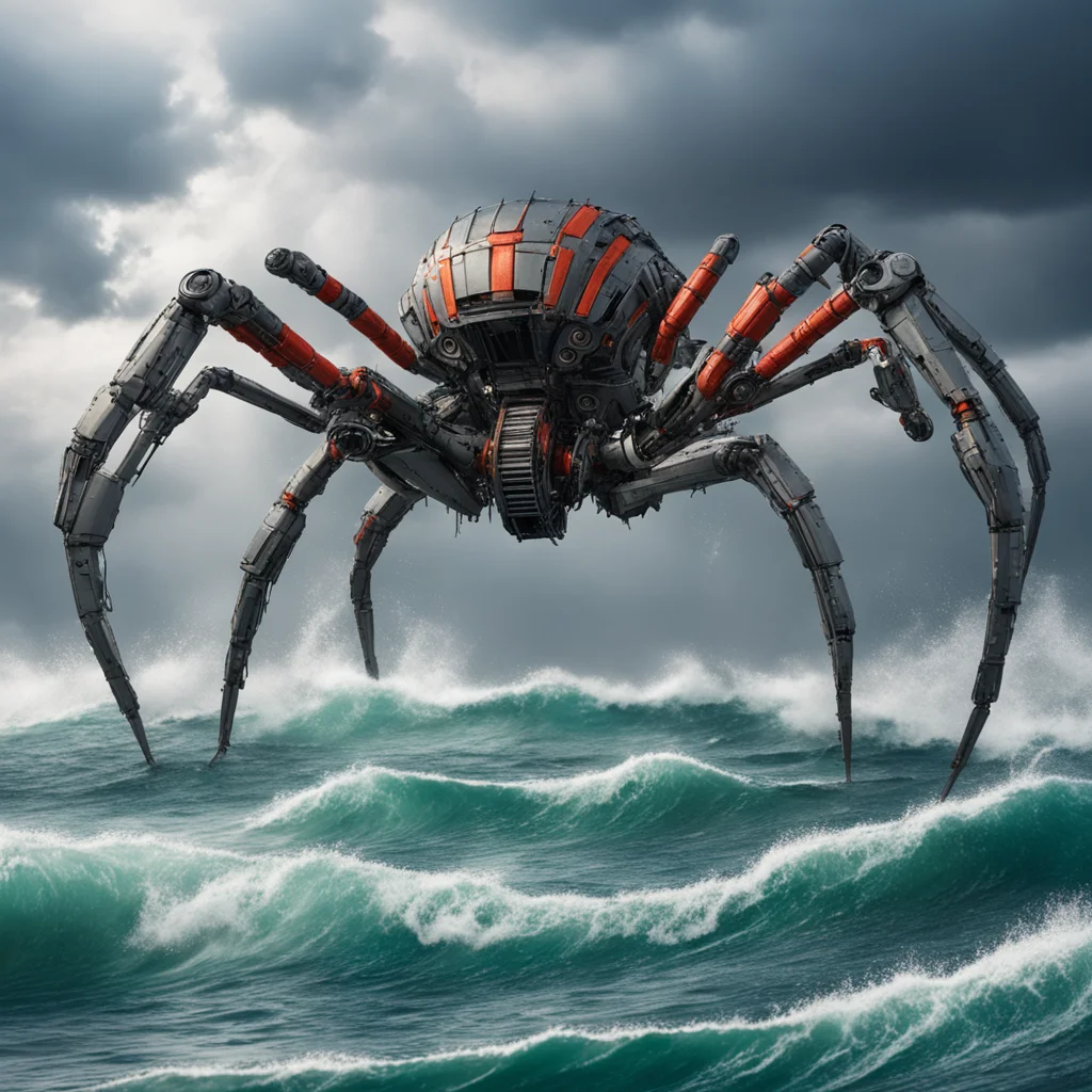 a giant spider robot weave his web on a battleship in a stormy ocean high detail photoreal JMW Turner color and style ar