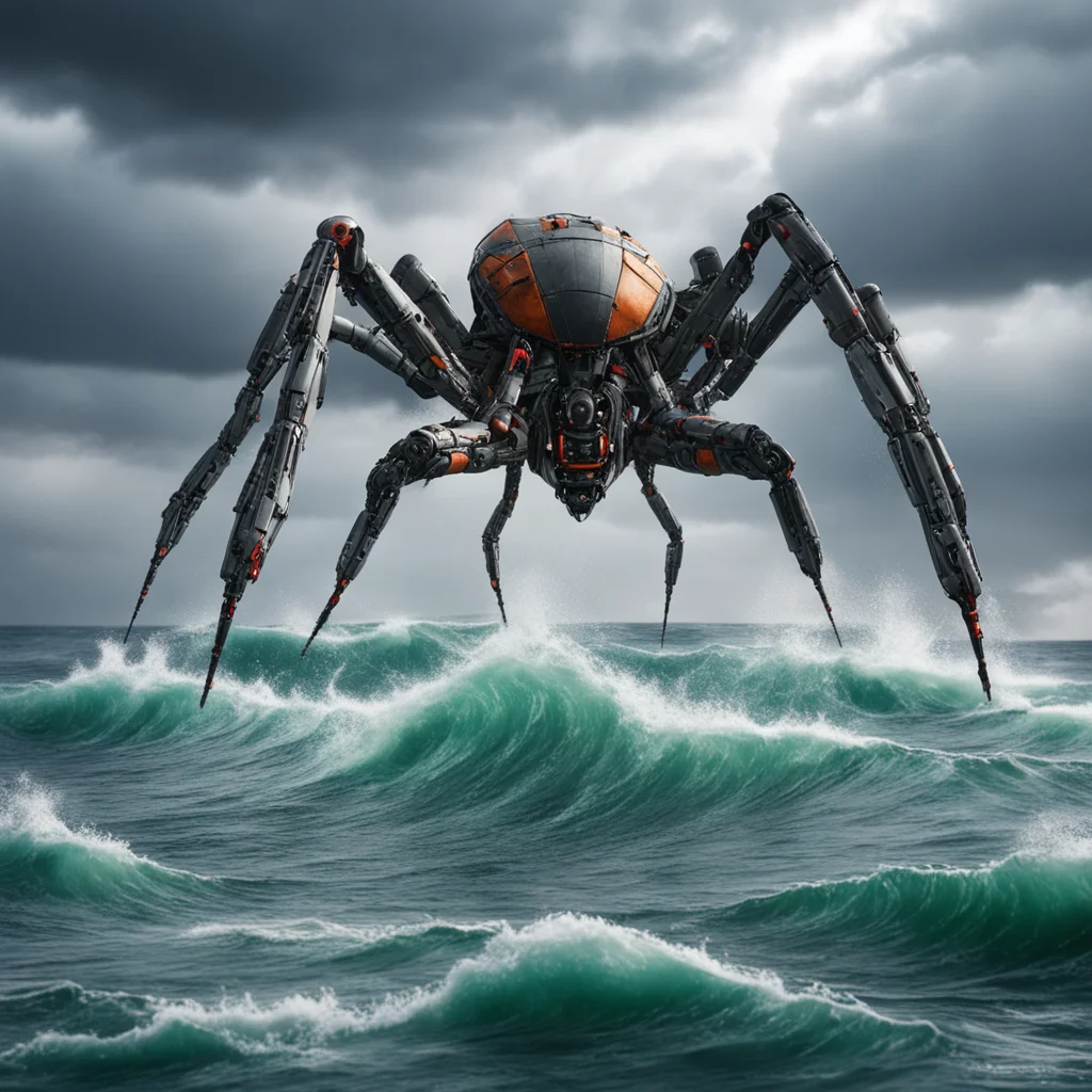 a giant spider robot weave his web on a battleship in a stormy ocean high detail photoreal wide angle establish shot JMW