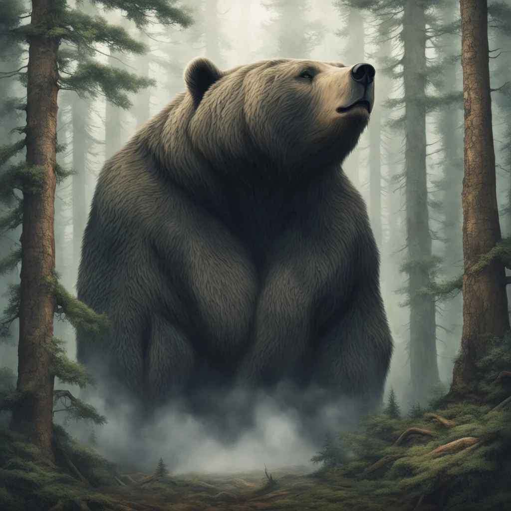 a gigantic bear part snake part smoke turning invisible and slithering through the tree tops of a pine forest