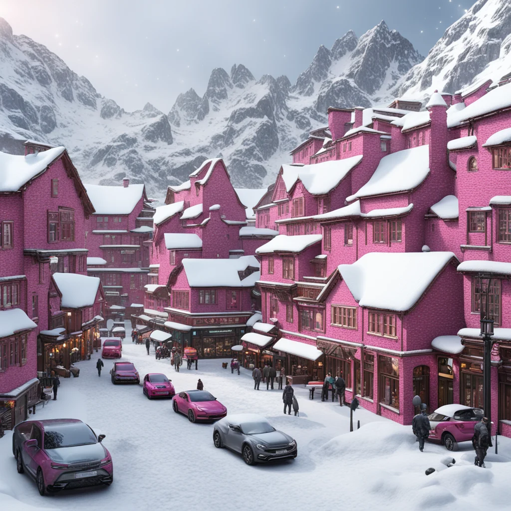 a gigantic desaturated pink coloured stone nordic style city with steep rooflines lightly covered in white snow inca sto
