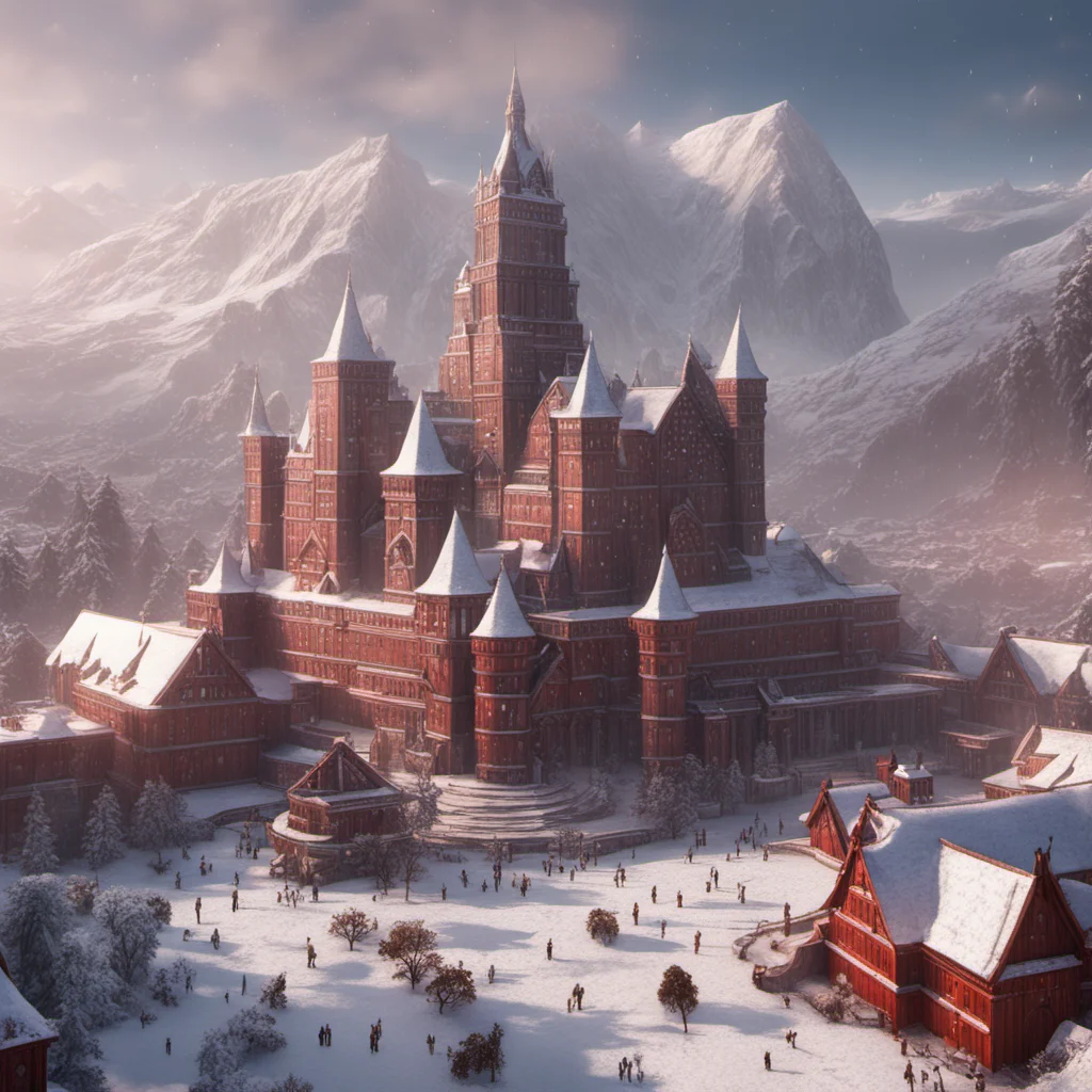 a gigantic nordic style city with steep rooflines1 red nordic castle1 destaurated pinkish inca syle masonry2 lightly covered in white snow alien script