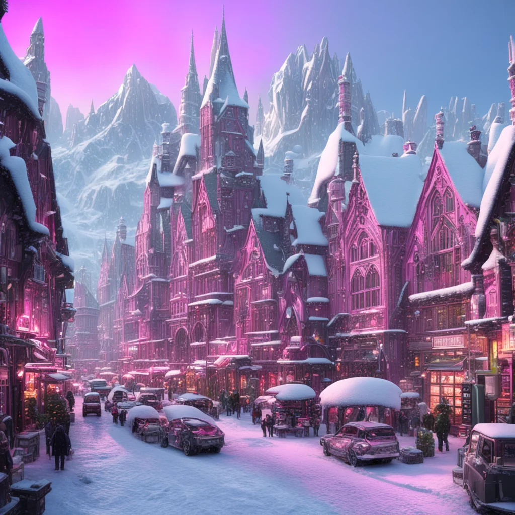 a gigantic pinkish stone gothic style city with steep rooflines lightly covered in snow snowing alien script signage bus