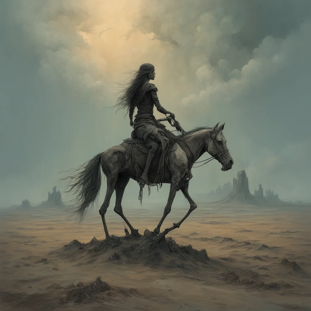 a girl riding a skeleton horse in the middle of a desolate wasteland in the style of Zdzisław Beksiński ar 169