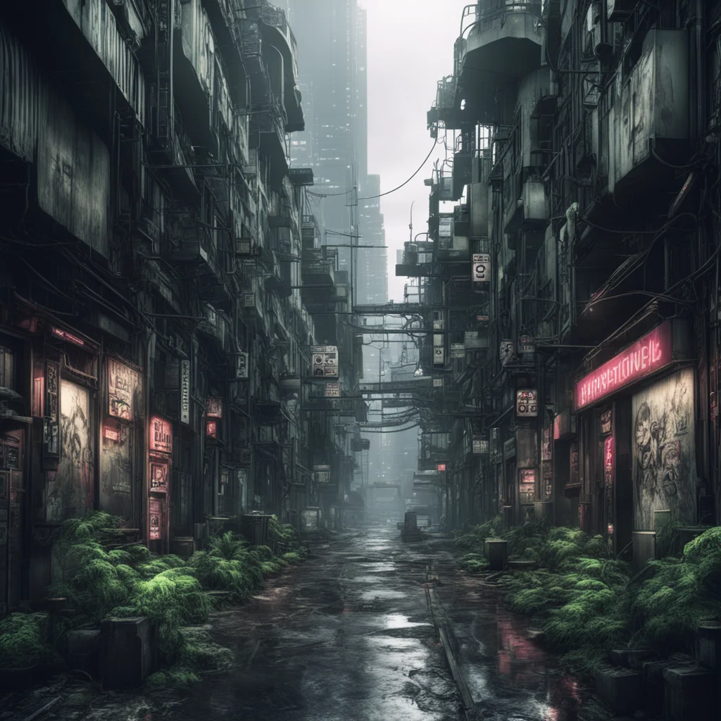 a gloomy and mystic urban environment with cyberpunk lighting and signs desaturated lighting 05 mechanical systems and o