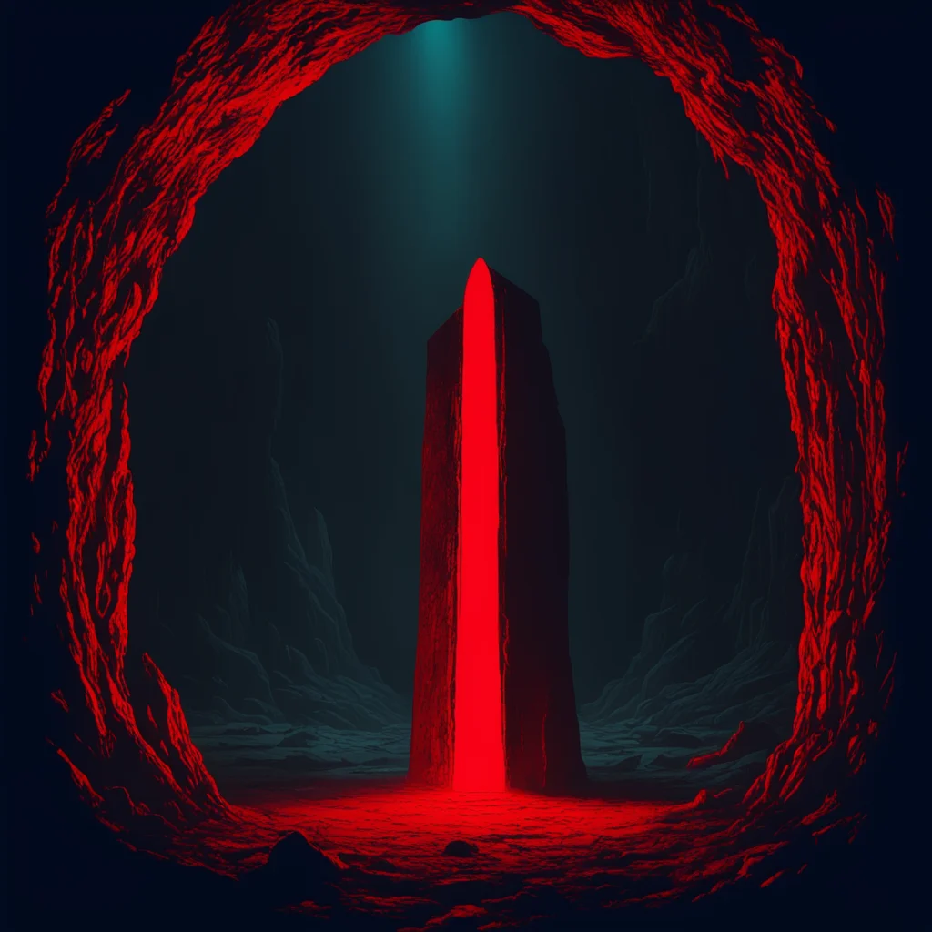 a glowing monolith in a dark cave black paper red creepy atmospheric —ar 916