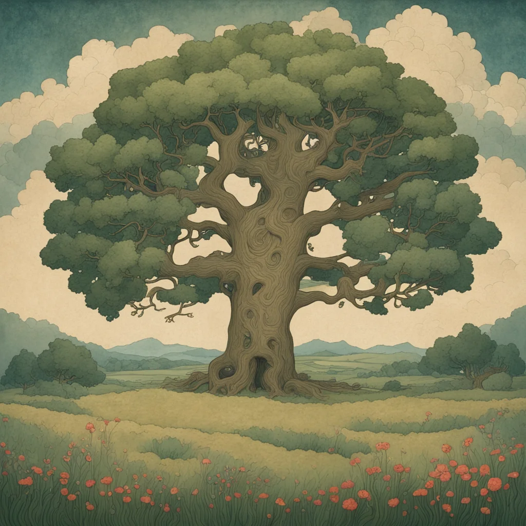 a grand tree in a field with symbolic elements painted in the style of Edmund Dulac landscape ultra wide ar 2012