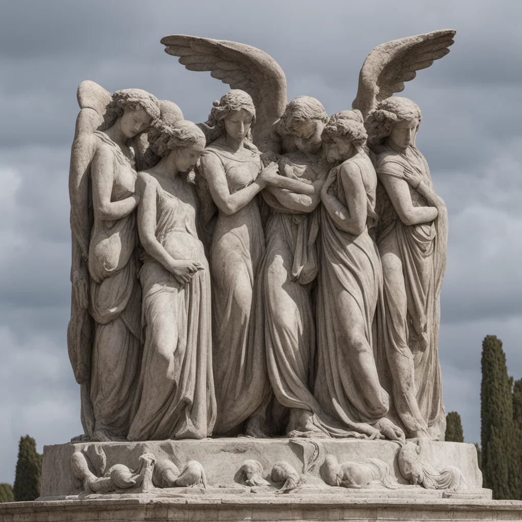 a grey stone monument mystical depicting a group of female figures close together they are praying their hair and garments are billowing dramatically in the