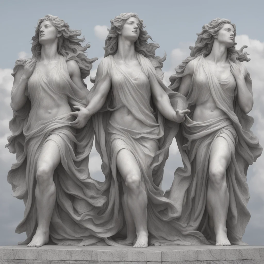 a grey stone monument of a group of women close together they are wearing billowing garments their long hair is blowing 