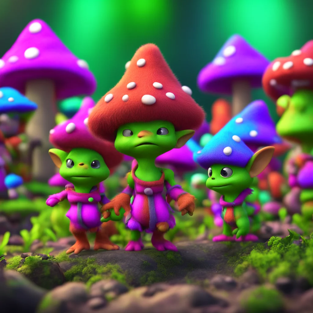 a group of multicolored tiny furry goblins with mushrooms hats 8K unreal 5 pixar movie screenshot octane ar 169