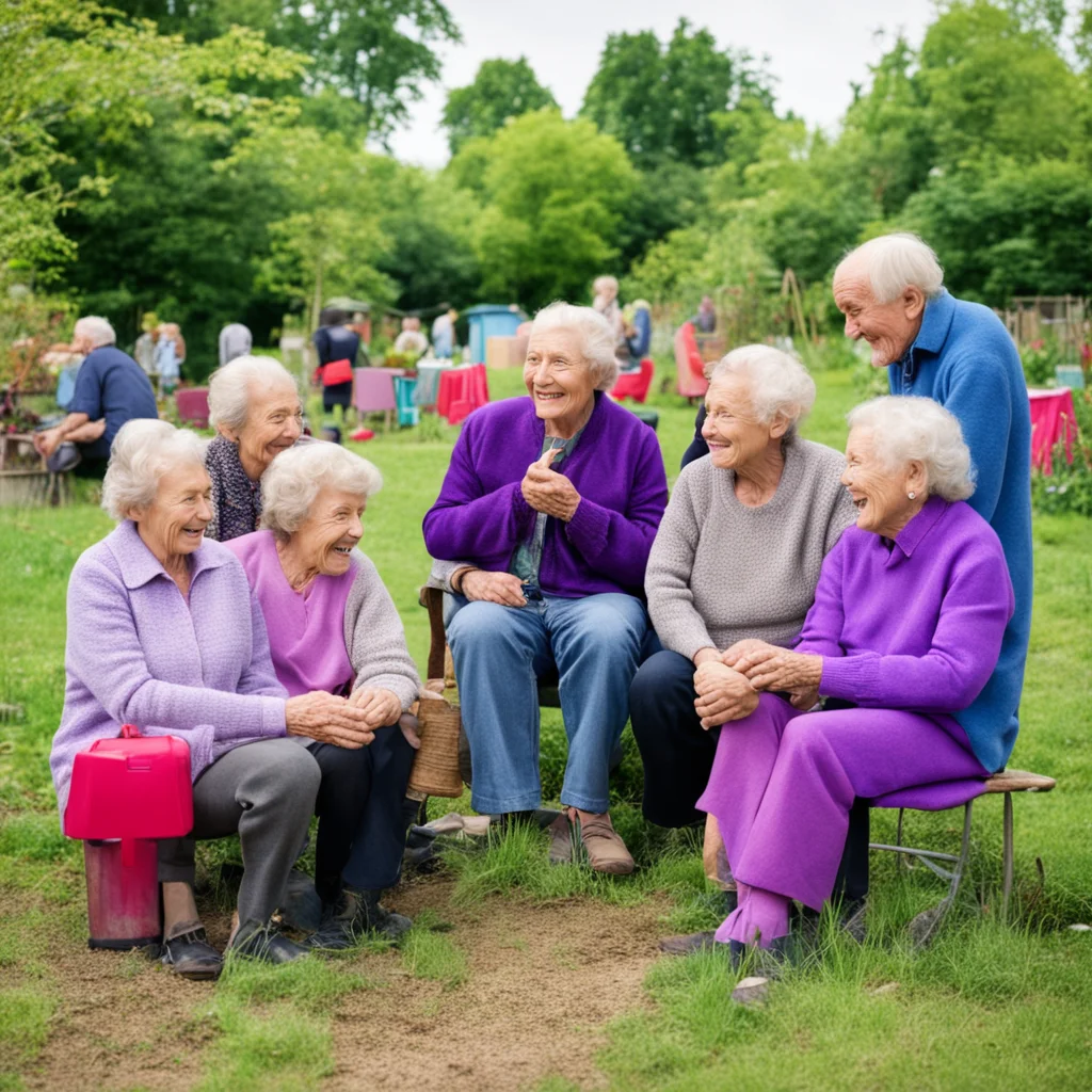a group of old people socialising in an allotments
