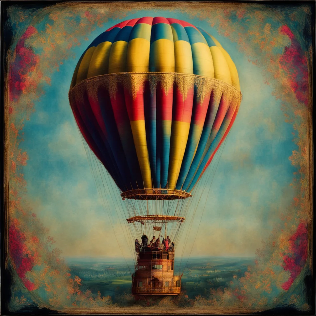 a hand painted daguerreotype of a 19th century hot air balloon covered in luscious illuminated radiating luminous intric
