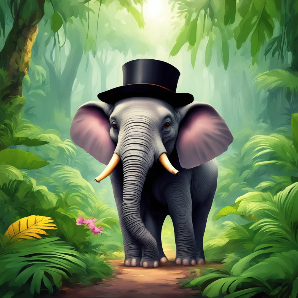 a happy elephant wearing a tophat detective in a jungle cartoon eyes vibrant colours 1920s detective hat jungle in dista