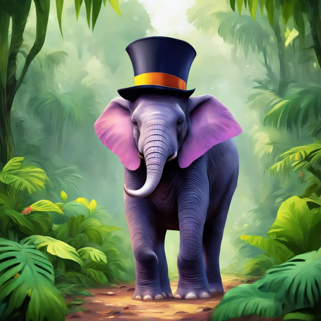 a happy smiling elephant wearing a tophat in a jungle vibrant colours jungle in distance rembrant pixar disney